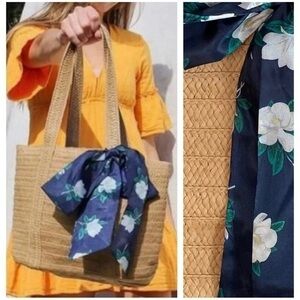 Draper James Everyday Straw Wicker Bag With Navy Blue Floral Scarf